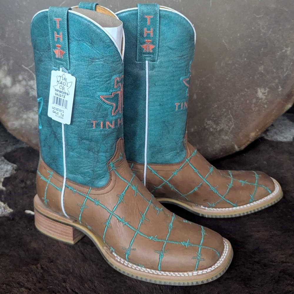 TIN HAUL "Barb'd Wire" turquoise & brown leather square toe cowgirl boots sz 7.5 - Picture 9 of 16